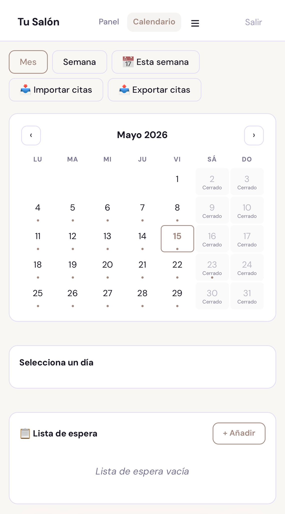 Vista de calendario semanal en Zeloo