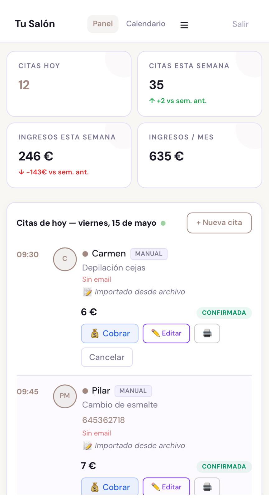 Panel de control de Zeloo en el móvil mostrando agenda y reservas