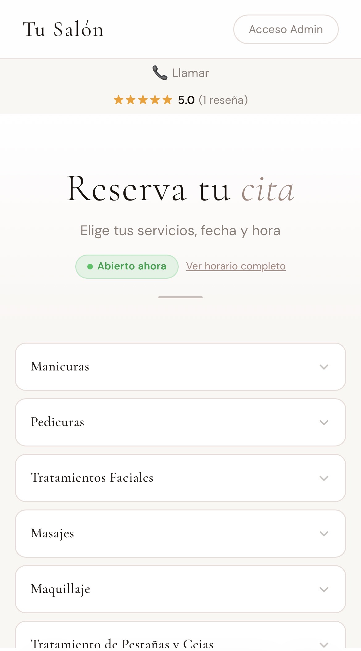 Página pública de reservas del salón en Zeloo
